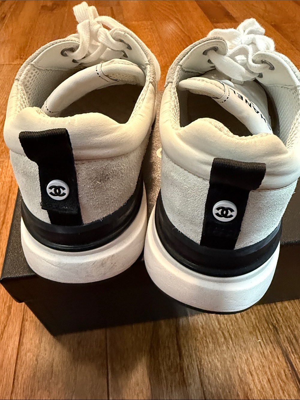 CHANEL Off-White Mesh & Suede Lace-Up Sneakers - Picture 3 of 5